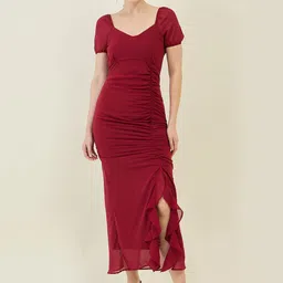 Women A-line Maroon Maxi/Full Length Dress-image-46