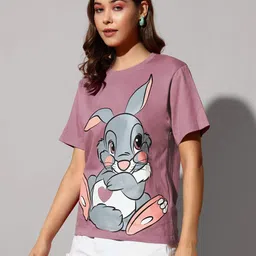 Women Printed Round Neck Pure Cotton Purple T-Shirt-image-18