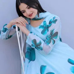 mitvafashion Women Floral Print Georgette Anarkali Kurta With Attached Dupatta image 3