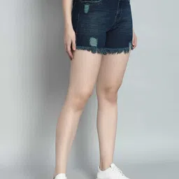 fashionfibre Solid, Distressed Women Blue, Green High Waist Shorts, Hotpants, Regular Shorts, Casual Shorts image 2