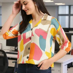 ekasya Women Boxy Fit Dyed/Ombre Lapel Collar Casual Shirt-picture-16