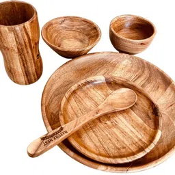Pack of 6 Wood Acacia Wood Dinner Set | 2 Plates, 2 Bowls, 1 Glass, 1 Spoon | Natural Finish Dinner Set-image-30