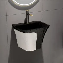 Premium Quality (HB :021 )Designer Ceramic Shining Black Semi Pedistal Wash Basin With Steel Grey Matt Finish Wall Hung Basin-image-93