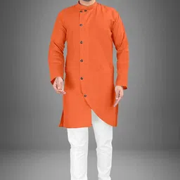 crystalrevenue Men Solid Cotton Blend Straight Kurta image 3