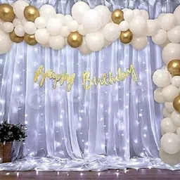 Solid 74pcs White Gold Birthday Decoration items with White Net Curtain Cloth Backdrop Balloon-image-37