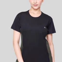 white moon Women Colorblock Round Neck Polyester Black T-Shirt image 1