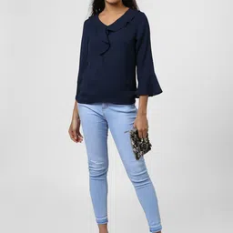 harpa Casual Bell Sleeves Solid Women Dark Blue Top image 2