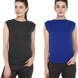 ap'pulse Pack of 2 Women Solid Round Neck Pure Cotton Blue, Grey T-Shirt-picture-26