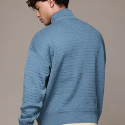 roadster Men Self Design Turtle Neck Blue Sweater image 4