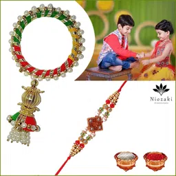 niozaki Bhaiya Bhabhi CHUDA-OM1 Kundan, Gold Finish, Mauli Thread Rakhi, Lumba, Bracelet, Chawal Roli Pack Set image 4