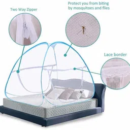 fstyler Polyester Adults Washable Polyester Double Bed Mosquito Net | King Size (7 X 6.5 ft) Flexible & Foldable for Double Bed with 2 Window Zip Door & Storage Bag (Color:Blue, Size: Double Bed) Mosquito Net image 3