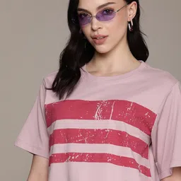 roadster Women Striped Round Neck Pure Cotton Pink T-Shirt-picture-20