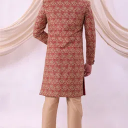 Pooja Ethnic Pooja Ethnic Men's Red Silk Sherwani with Pant PE9027 Solid Sherwani image 3