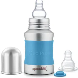 Stainless Steel Baby Feeding Bottle with Internal ML Marking, Silicon Stopper & Silicon Grip (150 ml) (1 Extra Nipple Free) - 150-image-84