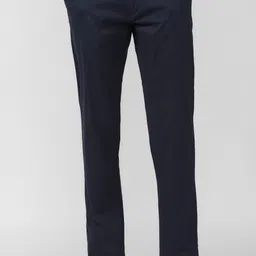 Men Tapered Dark Blue Cotton Blend Trousers-image-11
