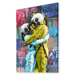 art street Stretched Canvas Painting Astronaut Couple in Love Graffiti Wall Art Home Decor image 5