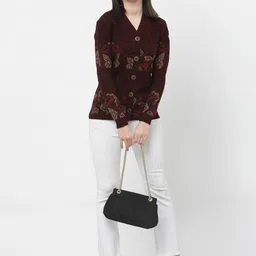 kalt Women Self Design V Neck Maroon Sweater image 4