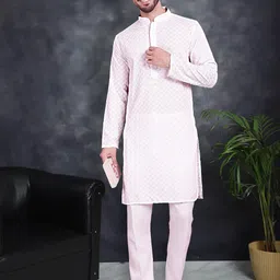 Jompers Ethnic Embroidered Mandarin Collar Chikankari Pure Cotton Kurta with Pyjamas image 1