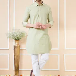 See Designs Shirt Collar Long Sleeves Pure Cotton Pathani Kurta With Pyjamas-picture-22