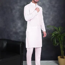 Jompers Ethnic Embroidered Mandarin Collar Chikankari Pure Cotton Kurta with Pyjamas image 4