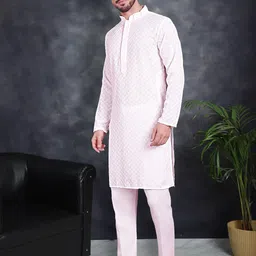 Jompers Ethnic Embroidered Mandarin Collar Chikankari Pure Cotton Kurta with Pyjamas image 5