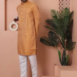 Anouk Mustard Floral Woven Design Band Collar Silk Blend Straight Kurta With Pyjamas image 5