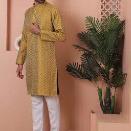 Anouk Yellow Ethnic Motifs Woven Design Band Collar Straight Kurta with Pyjamas image 5