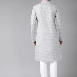 See Designs Men White & Grey Printed Pure Cotton Kurta with Pyjama image 2