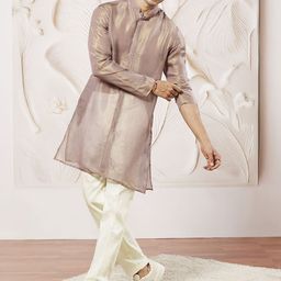 VASTRAMAY Self Design Mandarin Collar Straight Sheer Kurta with Trousers-picture-20