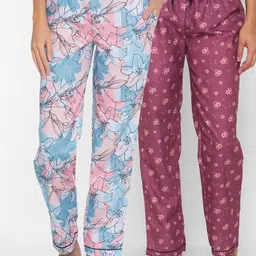FashionRack Women Pack of 2 Blue & Purple Printed Lounge Pants image 1