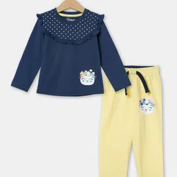 R&B Girls Blue & Yellow Printed Pure Cotton T-shirt with Trouser-picture-13
