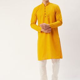 Jompers Men Mustard Yellow Chikankari Pure Cotton Kurta with Pyjamas-picture-6