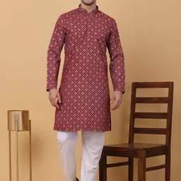 KRAFT INDIA Ethnic Motifs Printed Mandarin Collar Straight Kurta with Pyjamas-image-89