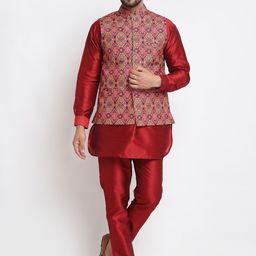Benstoke Men Maroon Printed Dupion Silk Kurta Pyjama and jacket-picture-15