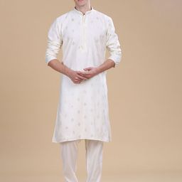 Anouk White Ethnic Motifs Embroidered Straight Thread Work Kurta with Pyjamas-picture-1