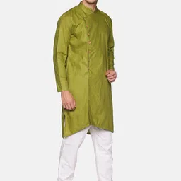 Sethukrishna Men Green Angrakha Pure Cotton Kurta with Pyjamas image 4