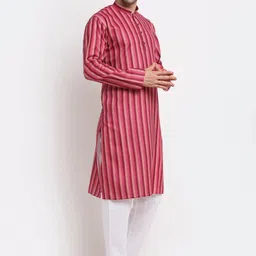 KRAFT INDIA Men Pink Striped Regular Pure Cotton Kurta with Pyjamas image 4