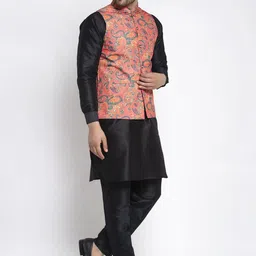 Kaifoo Men Black Kurta & Pyjamas With Printed Nehru Jacket image 2