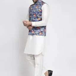 Kaifoo Men White Floral Printed Angrakha Kurti with Pyjamas image 5