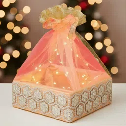 khusha creations Gift Hamper Basket With lights For Baby Shower,Wedding,Festivals (8x8x4 inches) Wooden Fruit & Vegetable Basket image 1