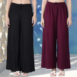 kwsh Pack of 2 Women Regular Fit Black, Purple Viscose Rayon Trousers-picture-27