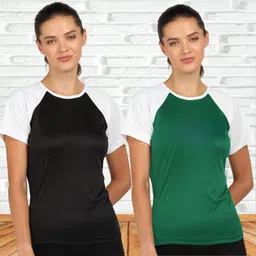 shashvi Pack of 2 Women Solid Round Neck Polyester Black, Green T-Shirt image 1