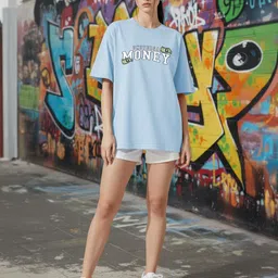 manlino Women Graphic Print Round Neck Cotton Blend Light Blue T-Shirt image 4