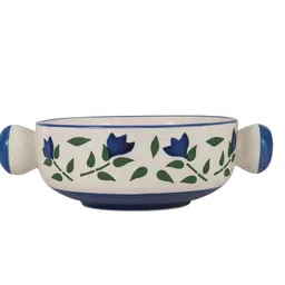 athena home Ceramic Soup Bowl Handcrafted Ceramic Soup Bowl with Handles | Blue Floral Design Disposable image 2