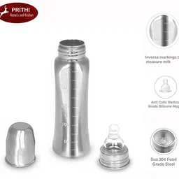 prithi home's and kitchen SS 304 250 ml New born baby Feeding Bottle with ml Markings With Brush - 250 ml image 3