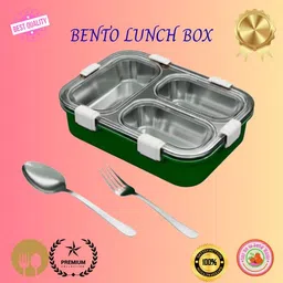 evara international Lunch Box 3 Compartment Leakproof Stainless Steel With SPOON & FORK_LG243 3 Containers Lunch Box image 1