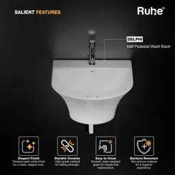 ruhe Delphi Half Pedestal Wash Basin | Premium Bathroom Sink | Half Pedestal Wall Mount Basin for Bathroom and Luxury Hotel| 13.4x14.5x10 Inche Semi-pedestal Basin image 3