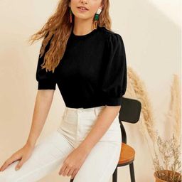 dream beauty fashion Casual Puff Sleeves Solid Women Black Top-picture-27