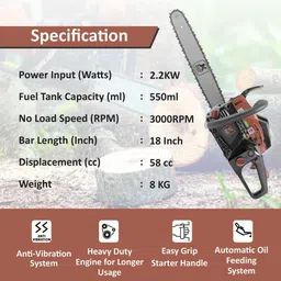 jk super drive JKSD 9005098 3000rpm, 2200W, Without Battery 18", Petrol Chainsaw, Wood Cutter, 58 cc Cordless Chainsaw image 3