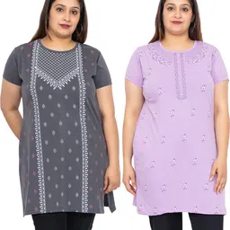 star touch Pack of 2 Women Floral Print Round Neck Pure Cotton Purple, Grey T-Shirt-picture-24